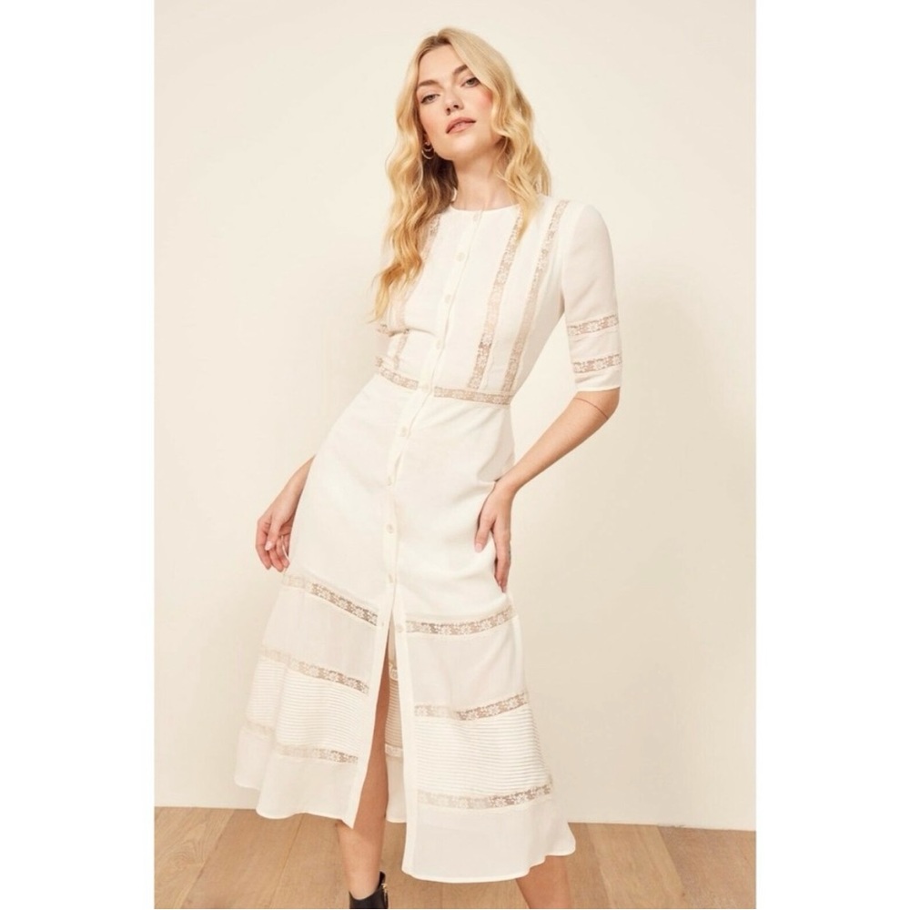 Reformation Ivory Sheer Lace Inset Crepe Midi Dress